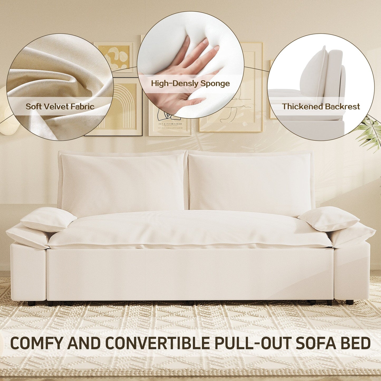 Divano letto estraibile 3 in 1 in velluto beige 70.1 con 2 morbidi cuscini per soggiorno