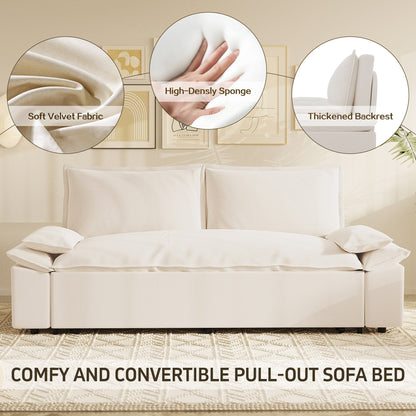 Divano letto estraibile 3 in 1 in velluto beige 70.1 con 2 morbidi cuscini per soggiorno