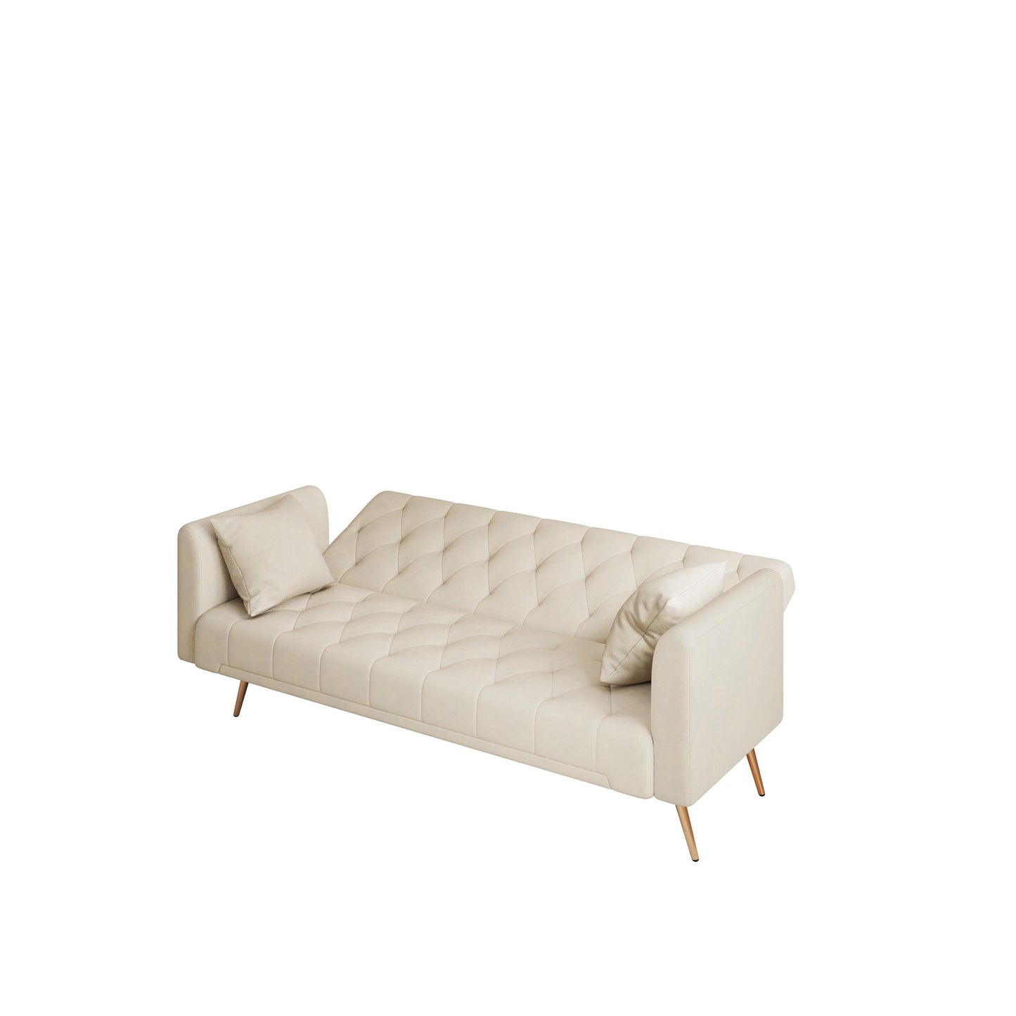 Divano letto trasformabile in velluto beige 71 a 3 posti con due cuscini decorativi e gambe in metallo per soggiorno