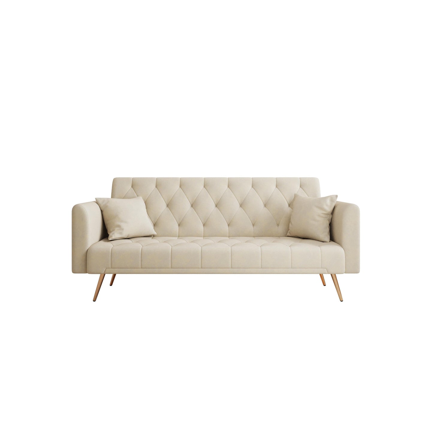 Divano letto trasformabile in velluto beige 71 a 3 posti con due cuscini decorativi e gambe in metallo per soggiorno