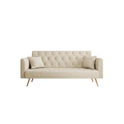 Divano letto trasformabile in velluto beige 71 a 3 posti con due cuscini decorativi e gambe in metallo per soggiorno