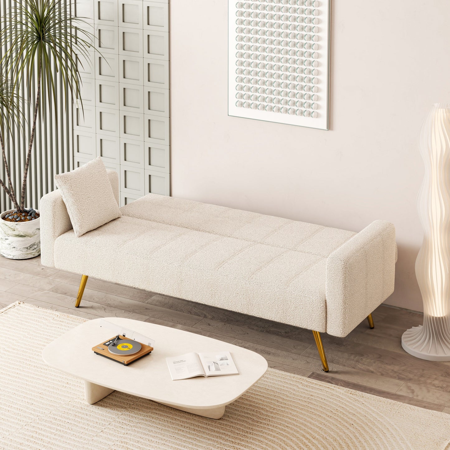 Divano letto pieghevole multifunzionale beige da 73,6 pollici con gambe in metallo e cuscino per soggiorno