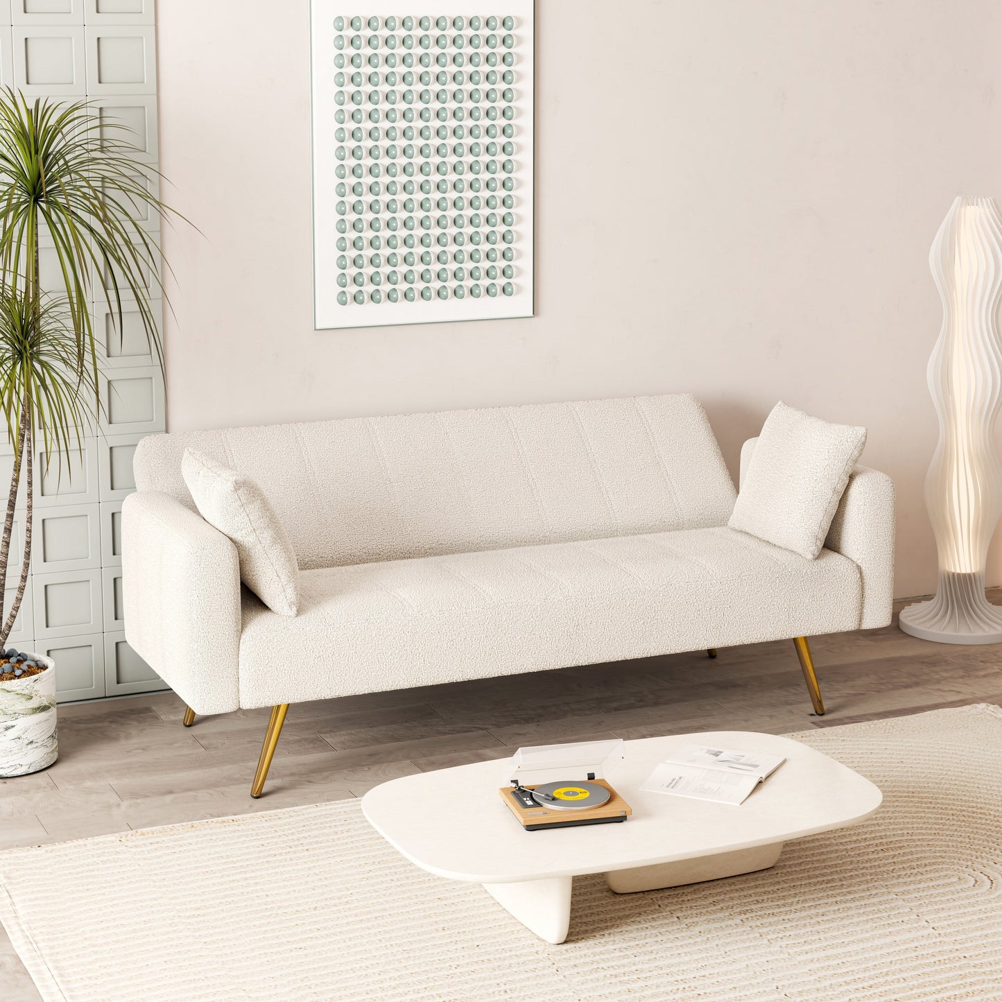Divano letto pieghevole multifunzionale beige da 73,6 pollici con gambe in metallo e cuscino per soggiorno