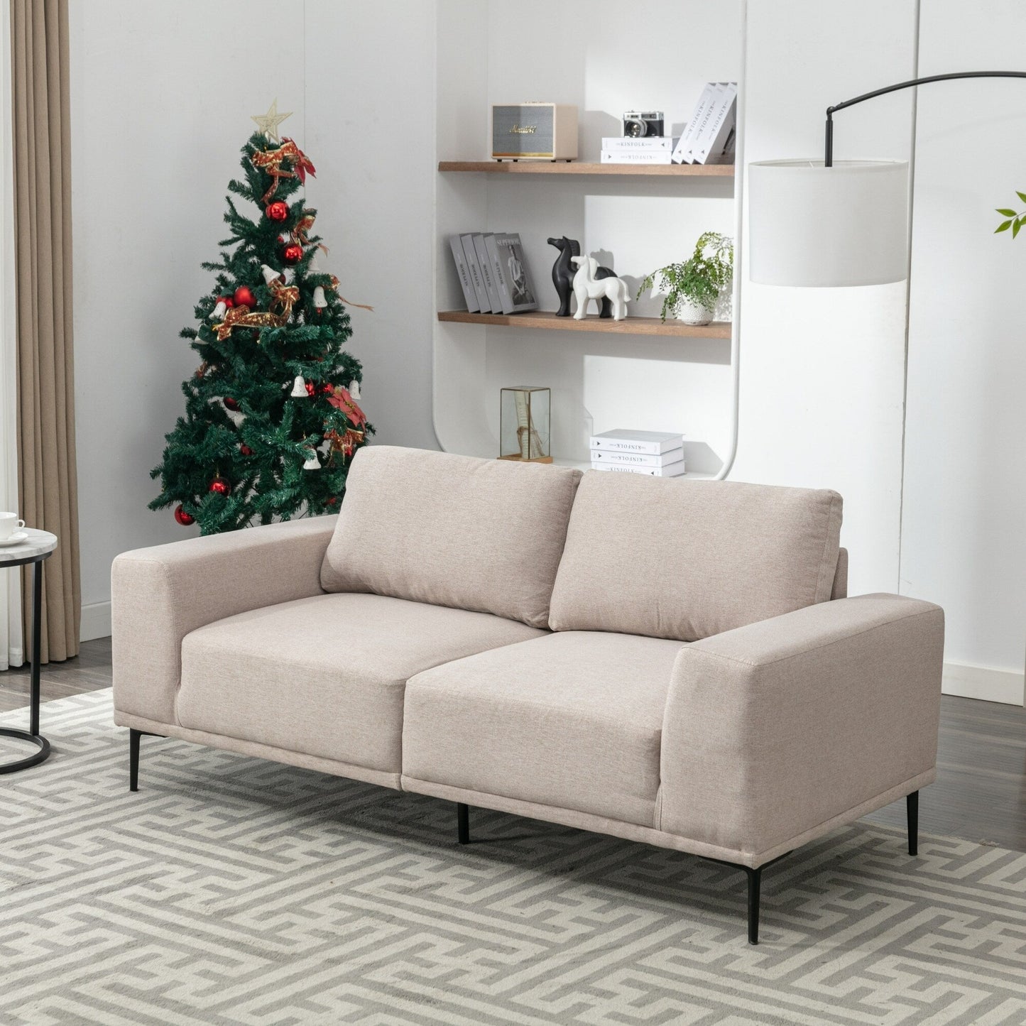 Divano grande a 2 posti in tessuto beige 74,8 con cuscini rimovibili, gambe in ferro e braccioli quadrati
