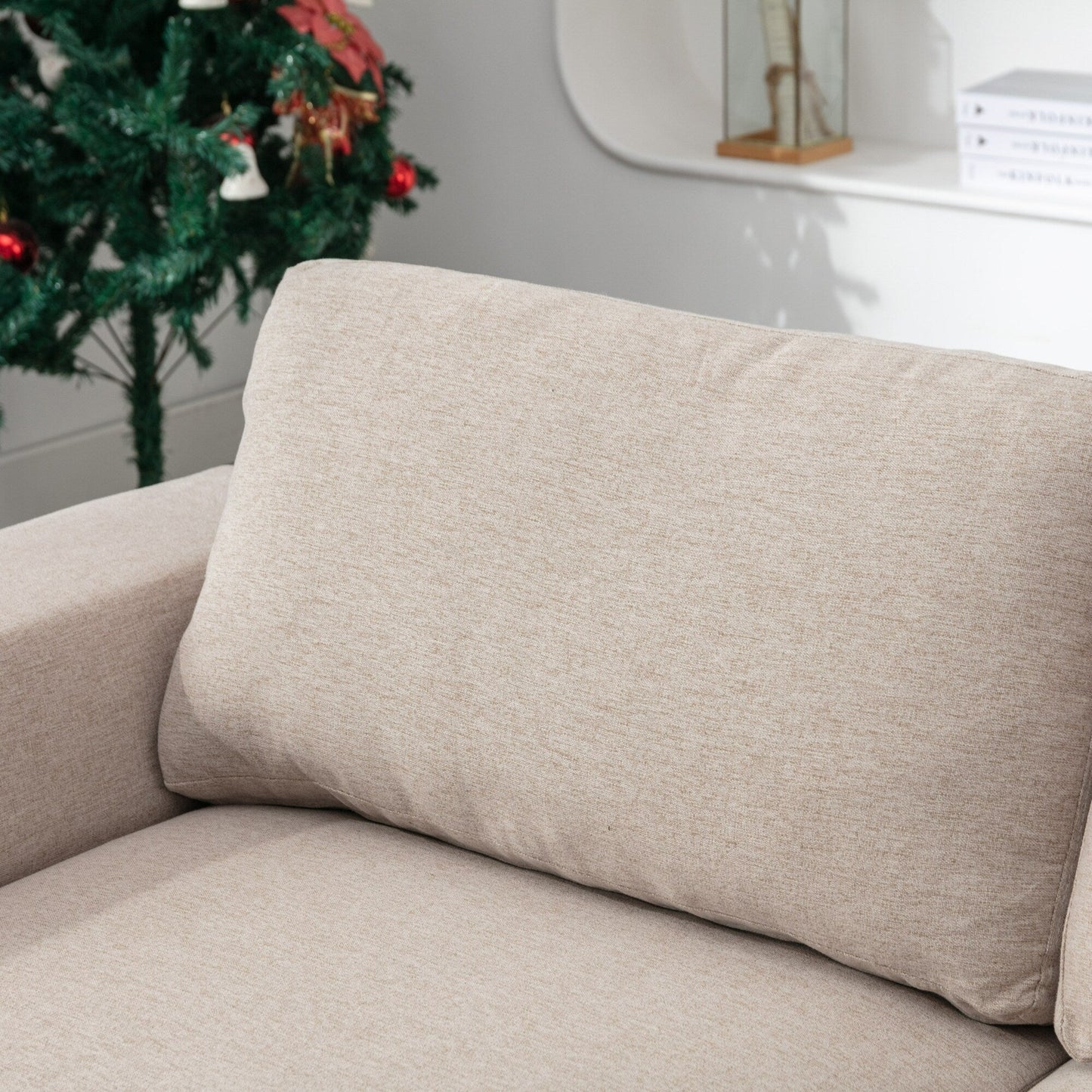 Divano grande a 2 posti in tessuto beige 74,8 con cuscini rimovibili, gambe in ferro e braccioli quadrati