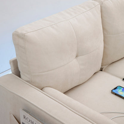 Divano trasformabile in tessuto beige da 75,2'', 3 posti con pouf contenitore, 2 porte USB, luci a LED e gambe in legno