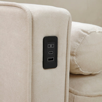 Divano trasformabile in tessuto beige da 75,2'', 3 posti con pouf contenitore, 2 porte USB, luci a LED e gambe in legno