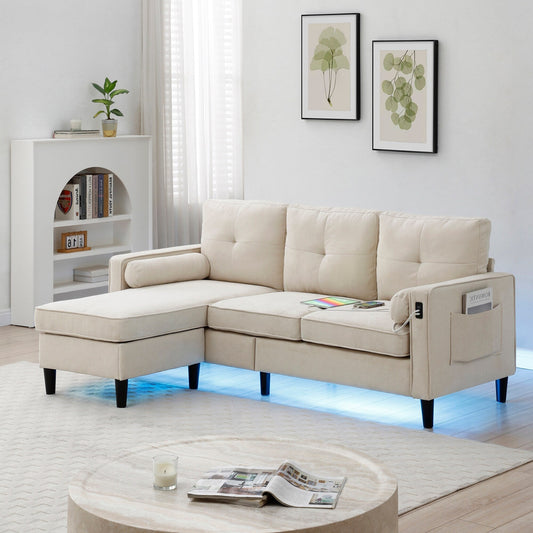 Divano trasformabile in tessuto beige da 75,2'', 3 posti con pouf contenitore, 2 porte USB, luci a LED e gambe in legno