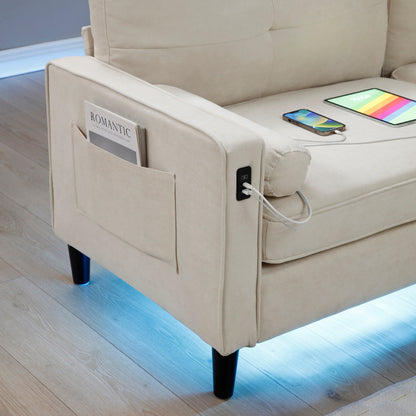 Divano trasformabile in tessuto beige da 75,2'', 3 posti con pouf contenitore, 2 porte USB, luci a LED e gambe in legno