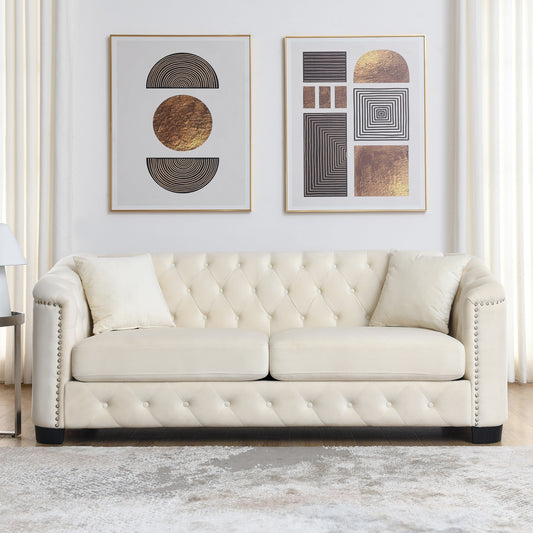 Divano a 3 posti in velluto beige da 77'' con schienale trapuntato e cuscini