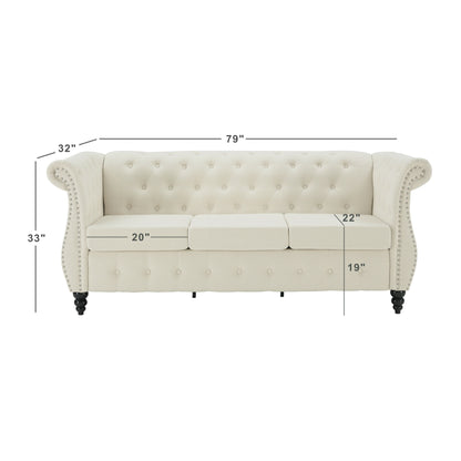 Divano Chesterfield in lino beige da 78,7'', 3 posti con braccioli arrotolati, trapuntatura a bottoni e finiture con borchie