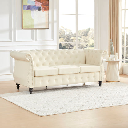Divano Chesterfield in lino beige da 78,7'', 3 posti con braccioli arrotolati, trapuntatura a bottoni e finiture con borchie