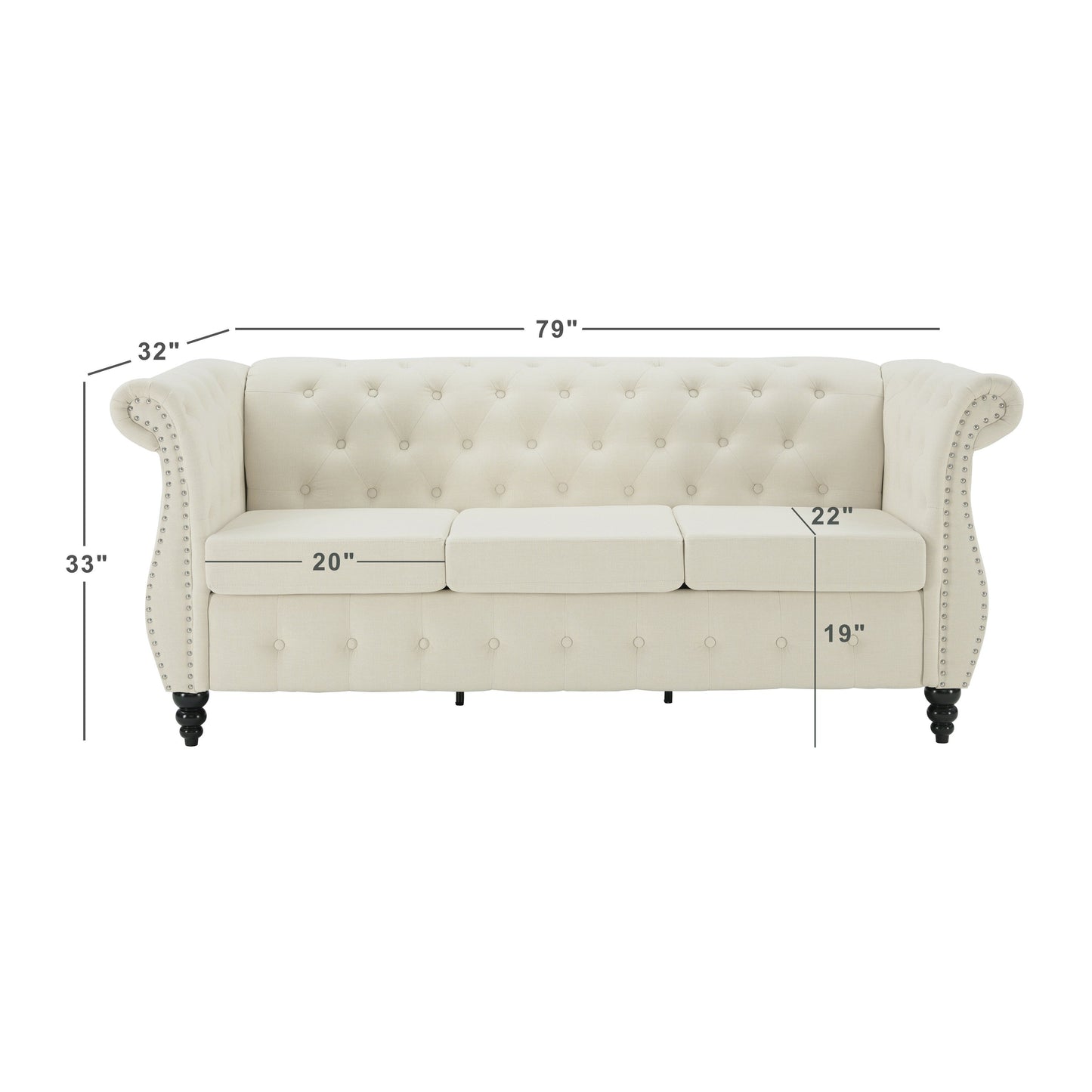 Divano a 3 posti in lino beige da 79'' con schienale trapuntato con bottoni, braccioli arrotolati, finiture con borchie e gambe in legno tornito