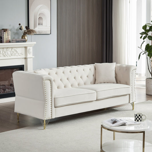 Divano a 3 posti in velluto beige da 81,8'' con piedini in metallo, finiture con borchie e imbottitura in schiuma