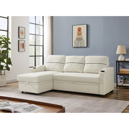 Divano beige da 81,9'' a 3 posti con chaise longue, contenitore e design facile da spostare con piedini in plastica e ruote in gomma