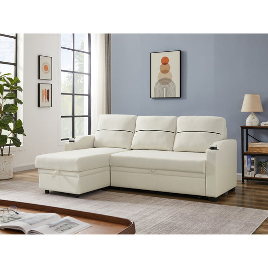 Divano beige da 81,9'' a 3 posti con chaise longue, contenitore e design facile da spostare con piedini in plastica e ruote in gomma