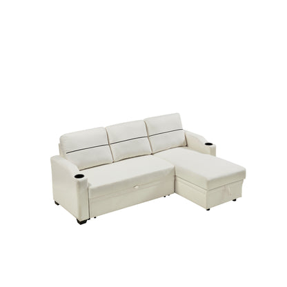 Divano beige da 81,9'' a 3 posti con chaise longue, contenitore e design facile da spostare con piedini in plastica e ruote in gomma