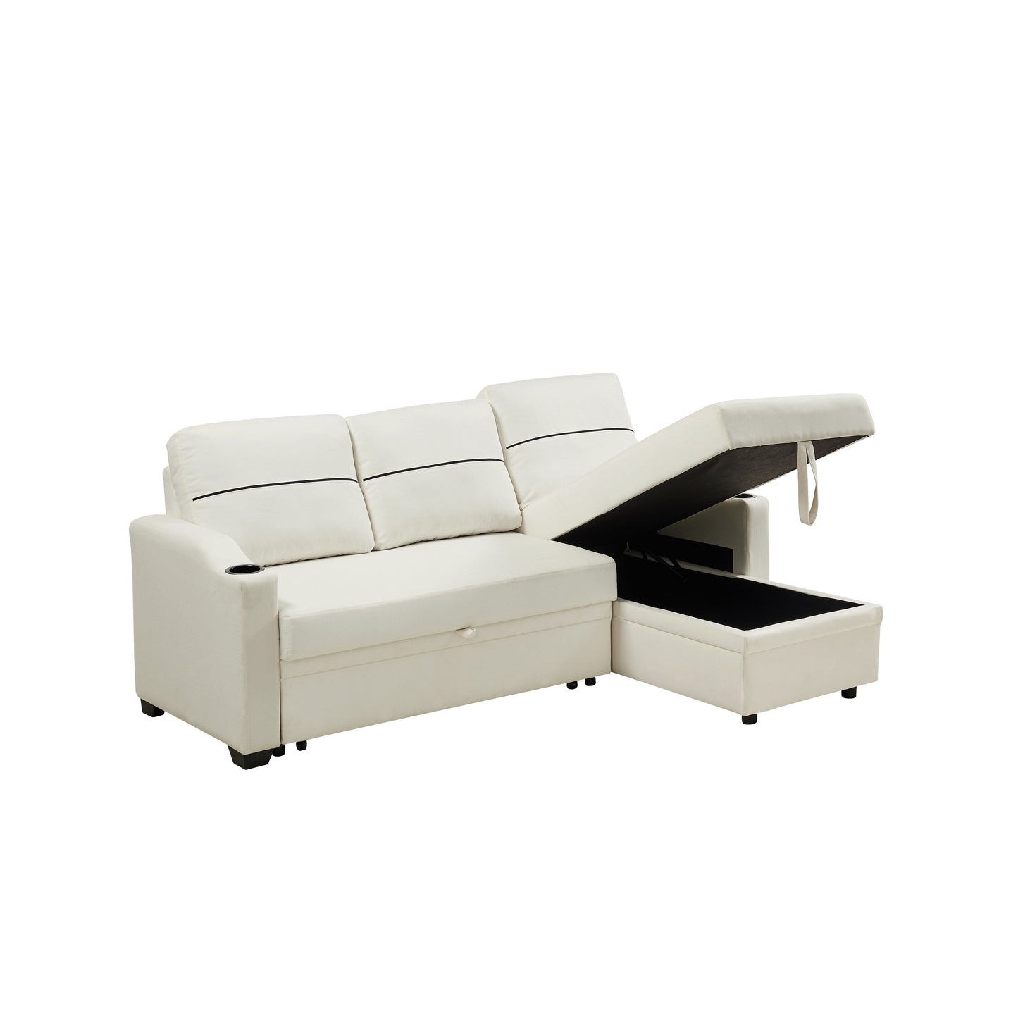 Divano beige da 81,9'' a 3 posti con chaise longue, contenitore e design facile da spostare con piedini in plastica e ruote in gomma