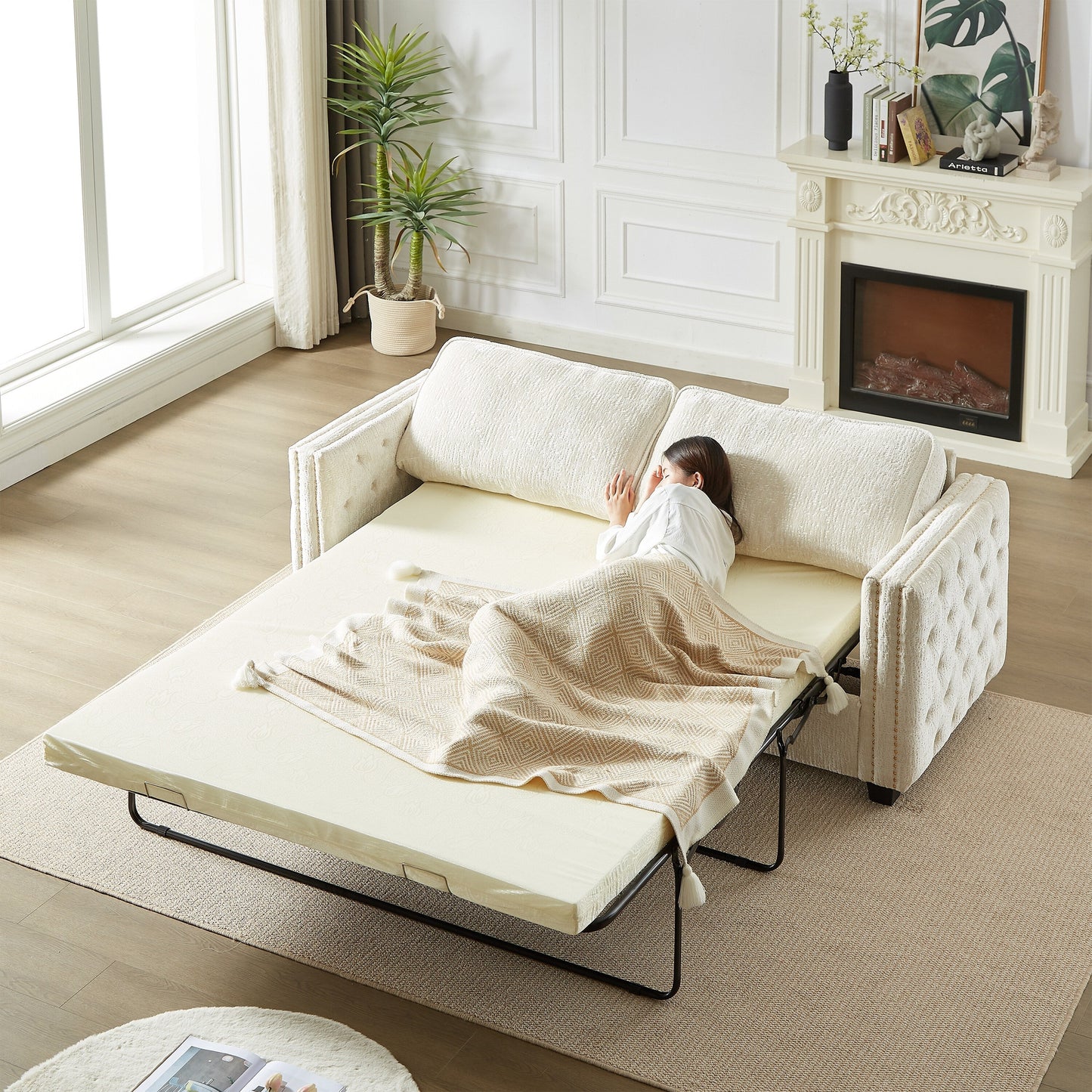 Divano letto a 3 posti beige 81 Chenille Nailheads con materasso in memory foam per soggiorno