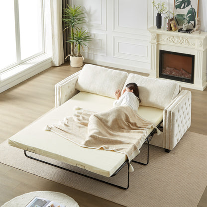 Divano letto a 3 posti beige 81 Chenille Nailheads con materasso in memory foam per soggiorno