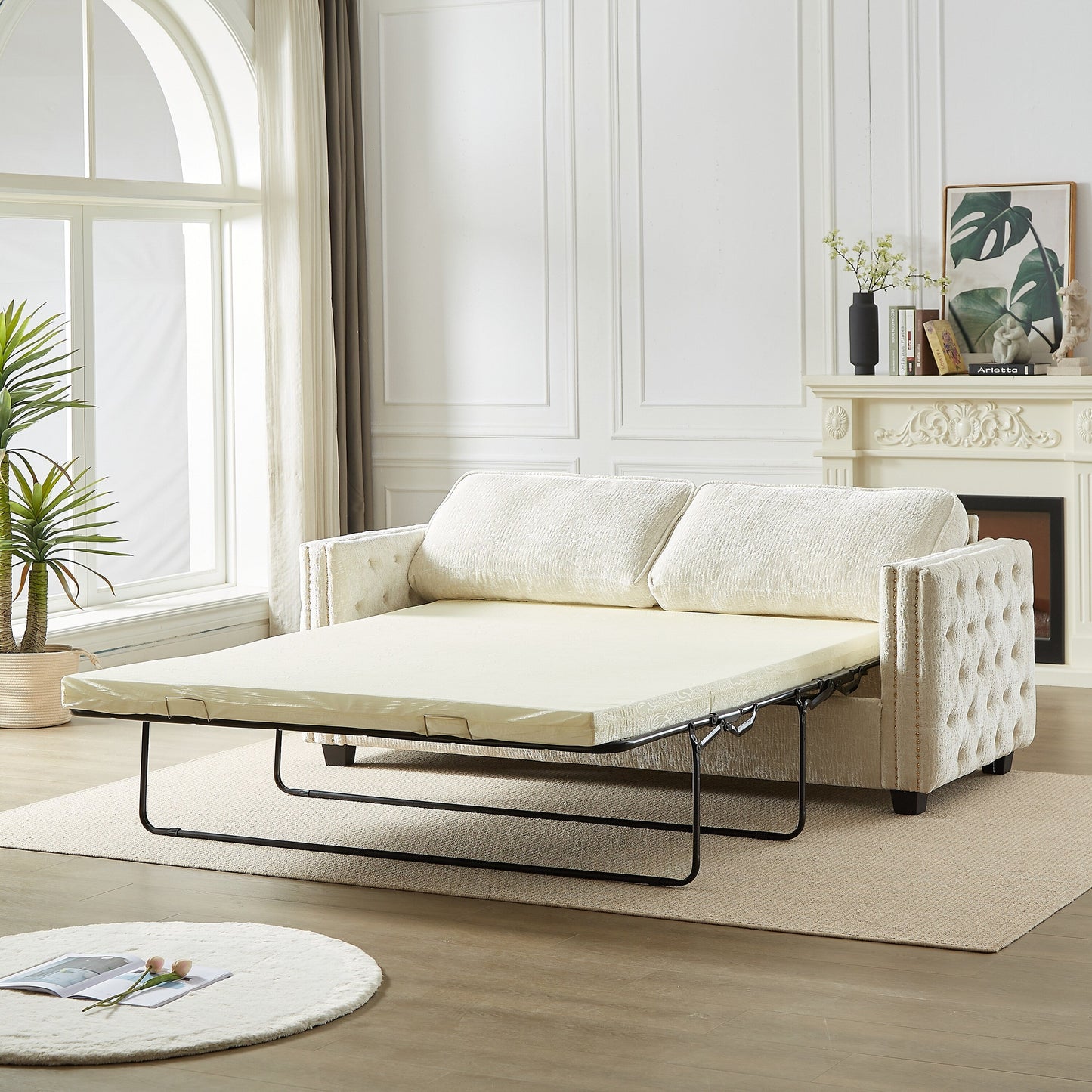 Divano letto a 3 posti beige 81 Chenille Nailheads con materasso in memory foam per soggiorno