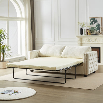 Divano letto a 3 posti beige 81 Chenille Nailheads con materasso in memory foam per soggiorno