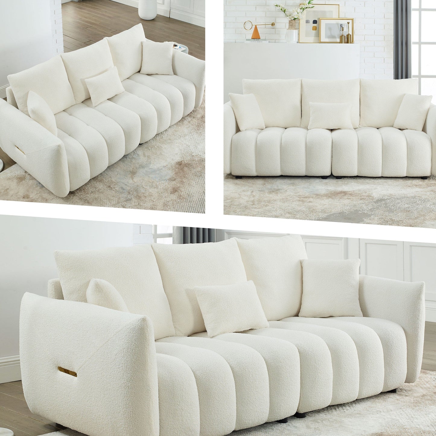 Divano imbottito Teddy beige 82 a 3 posti con 3 cuscini per lo schienale e struttura in legno massello per soggiorno
