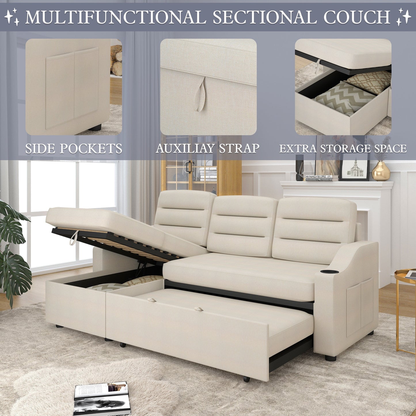 Divano letto trasformabile beige da 83,5'' con letto estraibile, illuminazione a LED, porte USB e chaise longue contenitore