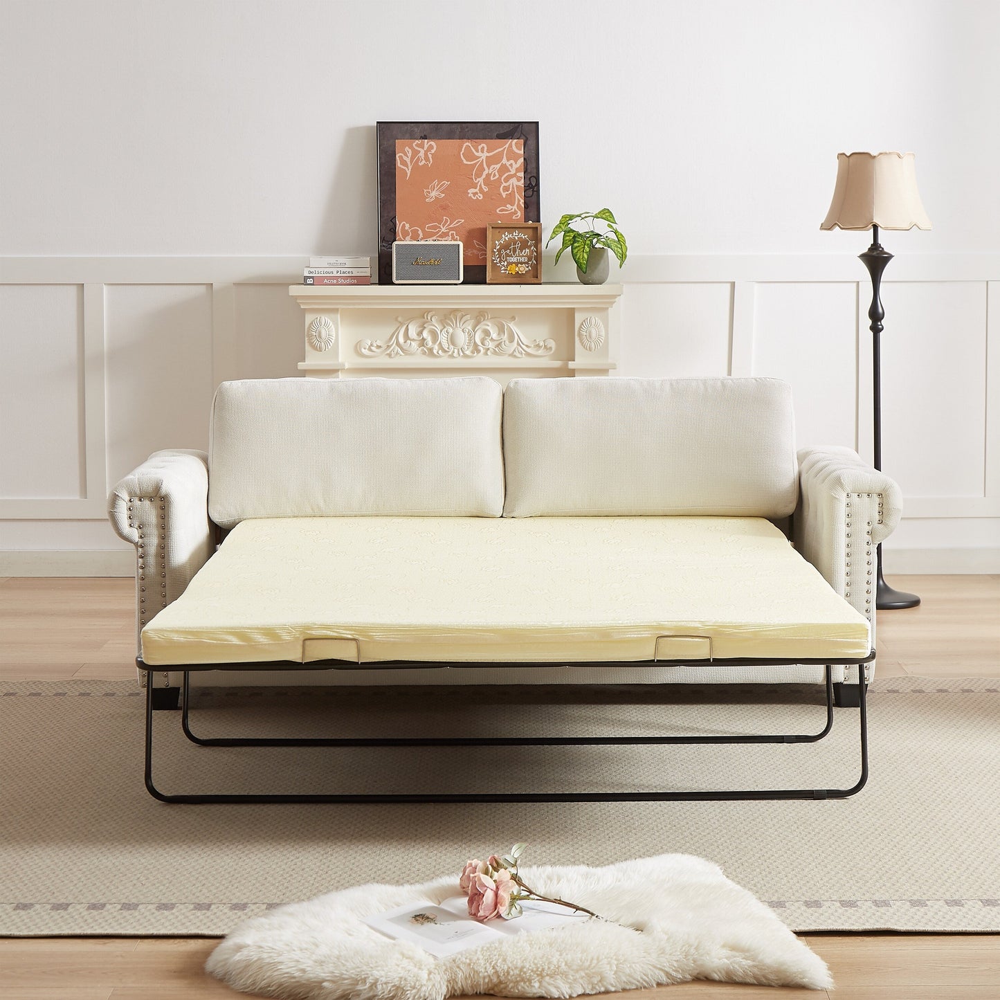 Divano letto trasformabile 2 in 1 in poliestere beige 83,8 con 3 posti e materasso pieghevole per soggiorno