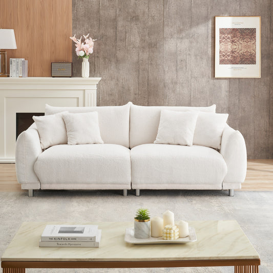 Divano a due posti in lana Teddy beige 86,6 con quattro cuscini decorativi e piedini in metallo per soggiorno