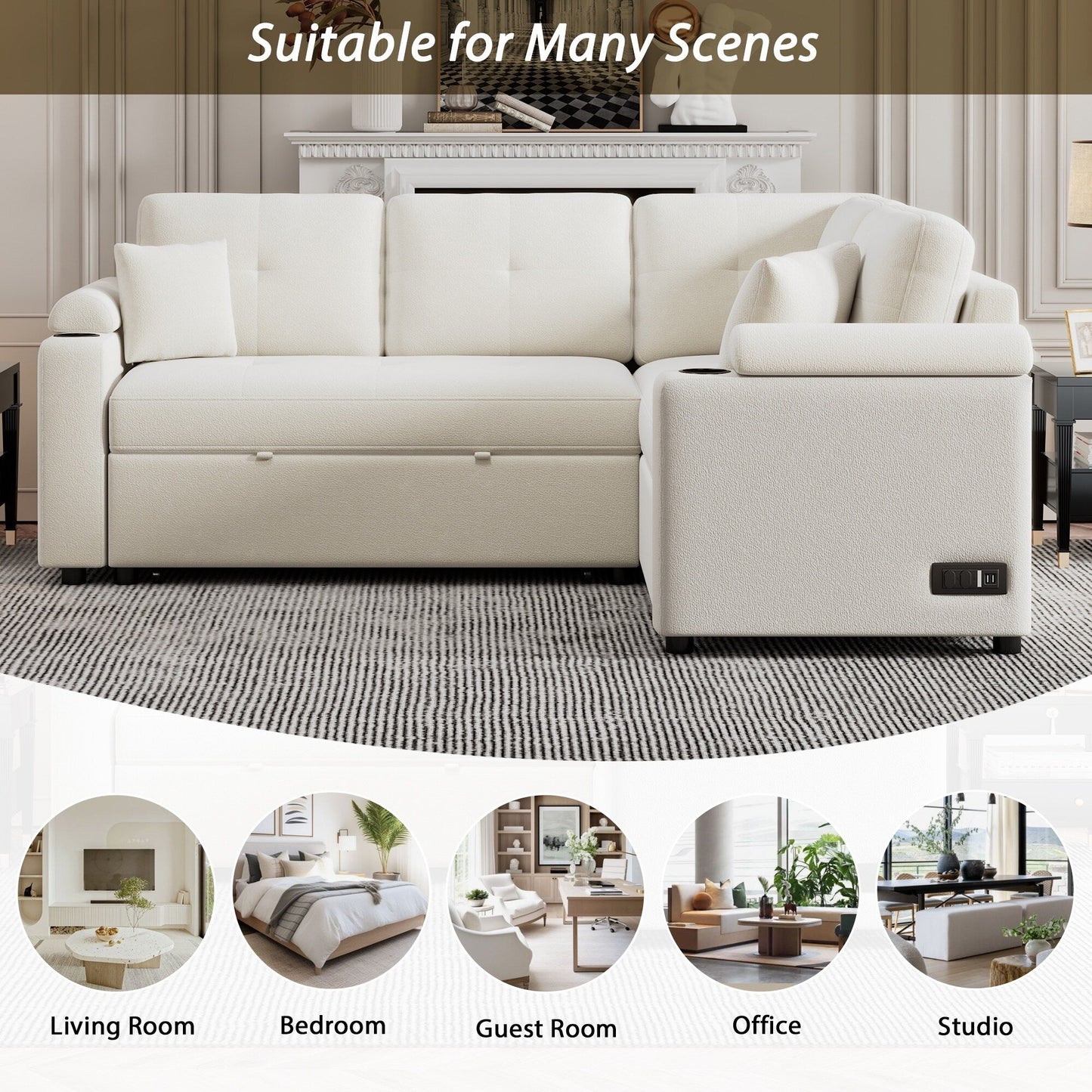 Divano letto beige in tessuto da 87,4'' a 3 posti con letto estraibile, ruote, porte USB, prese di corrente e portabicchieri integrati