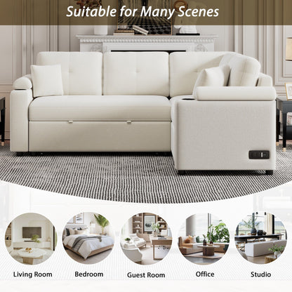 Divano letto beige in tessuto da 87,4'' a 3 posti con letto estraibile, ruote, porte USB, prese di corrente e portabicchieri integrati