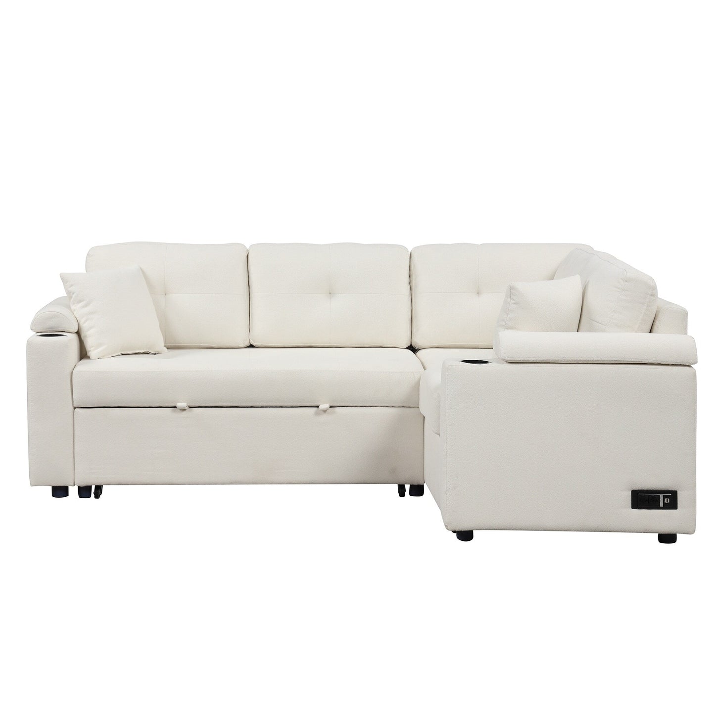 Divano letto beige in tessuto da 87,4'' a 3 posti con letto estraibile, ruote, porte USB, prese di corrente e portabicchieri integrati