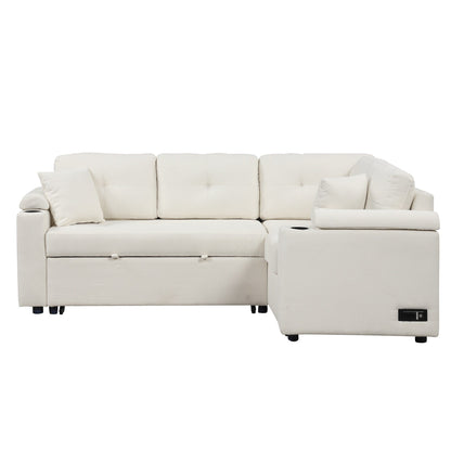 Divano letto beige in tessuto da 87,4'' a 3 posti con letto estraibile, ruote, porte USB, prese di corrente e portabicchieri integrati