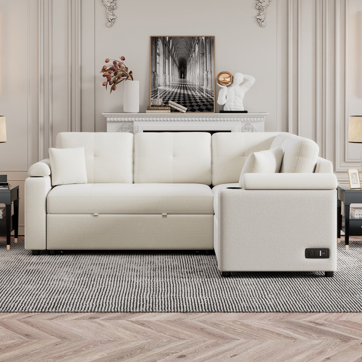 Divano letto beige in tessuto da 87,4'' a 3 posti con letto estraibile, ruote, porte USB, prese di corrente e portabicchieri integrati