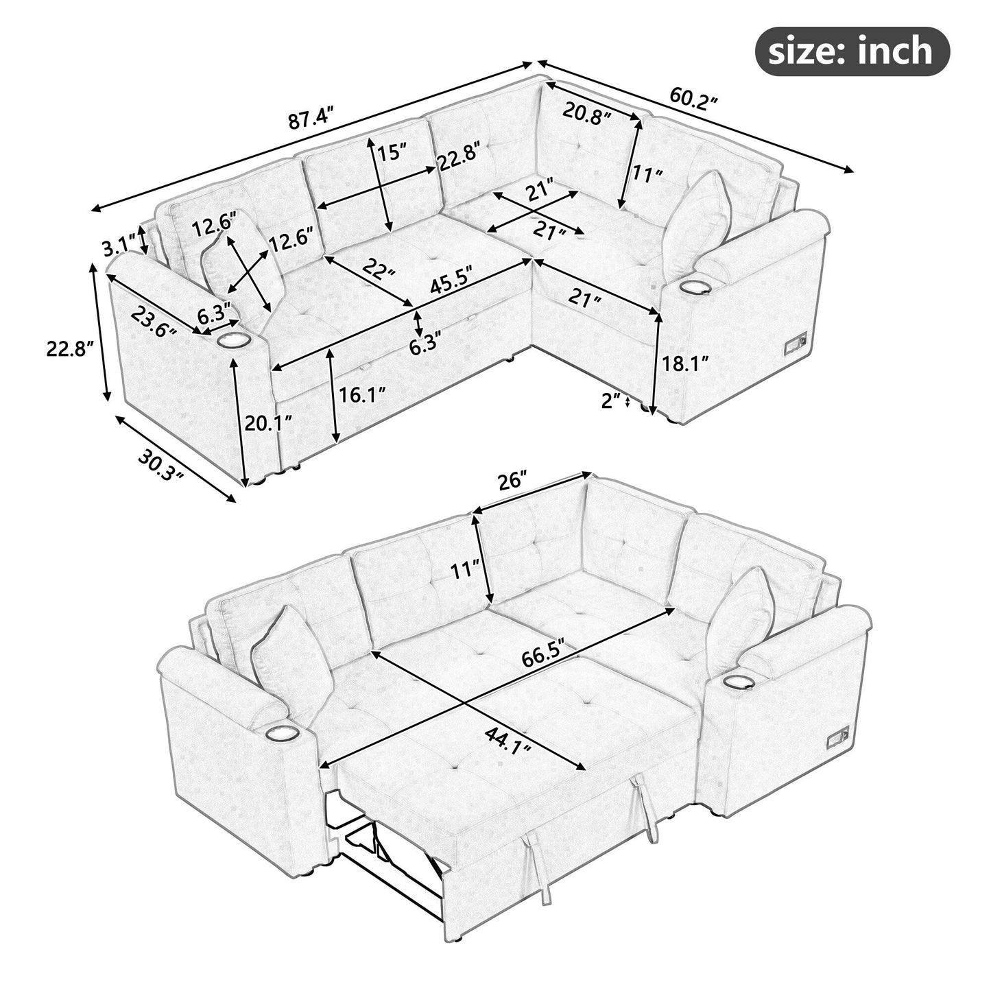 Divano letto beige in tessuto da 87,4'' a 3 posti con letto estraibile, ruote, porte USB, prese di corrente e portabicchieri integrati