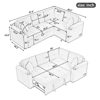 Divano letto beige in tessuto da 87,4'' a 3 posti con letto estraibile, ruote, porte USB, prese di corrente e portabicchieri integrati