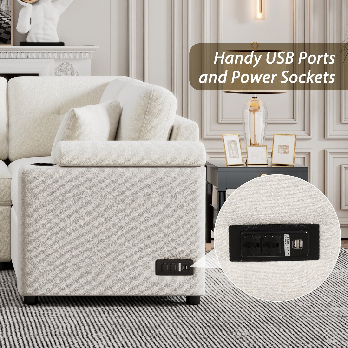 Divano letto beige in tessuto da 87,4'' a 3 posti con letto estraibile, ruote, porte USB, prese di corrente e portabicchieri integrati