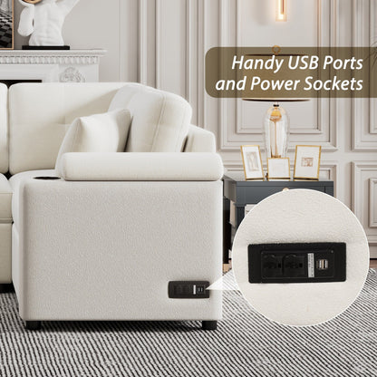Divano letto beige in tessuto da 87,4'' a 3 posti con letto estraibile, ruote, porte USB, prese di corrente e portabicchieri integrati