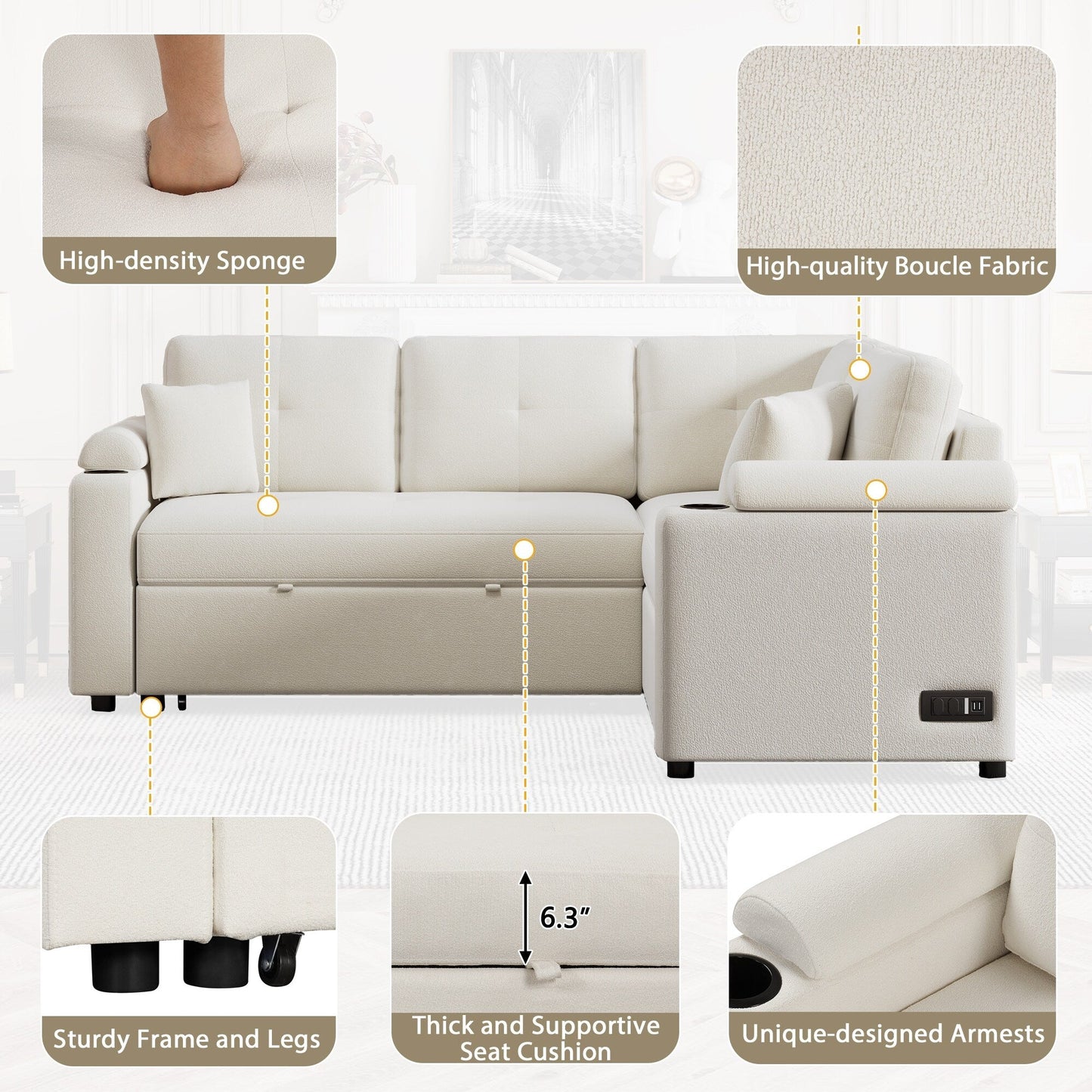 Divano letto beige in tessuto da 87,4'' a 3 posti con letto estraibile, ruote, porte USB, prese di corrente e portabicchieri integrati