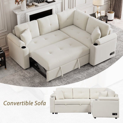 Divano letto beige in tessuto da 87,4'' a 3 posti con letto estraibile, ruote, porte USB, prese di corrente e portabicchieri integrati