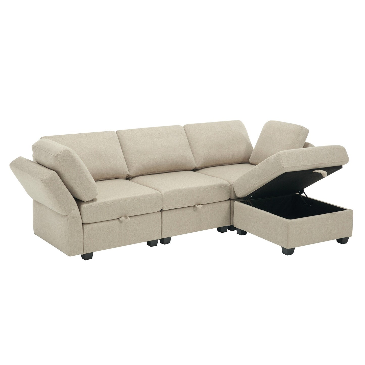 Divano componibile modulare beige da 87,9'' a 3 posti con pouf, schienali e braccioli regolabili, sedili contenitore e cuscini spessi