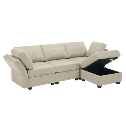 Divano componibile modulare beige da 87,9'' a 3 posti con pouf, schienali e braccioli regolabili, sedili contenitore e cuscini spessi