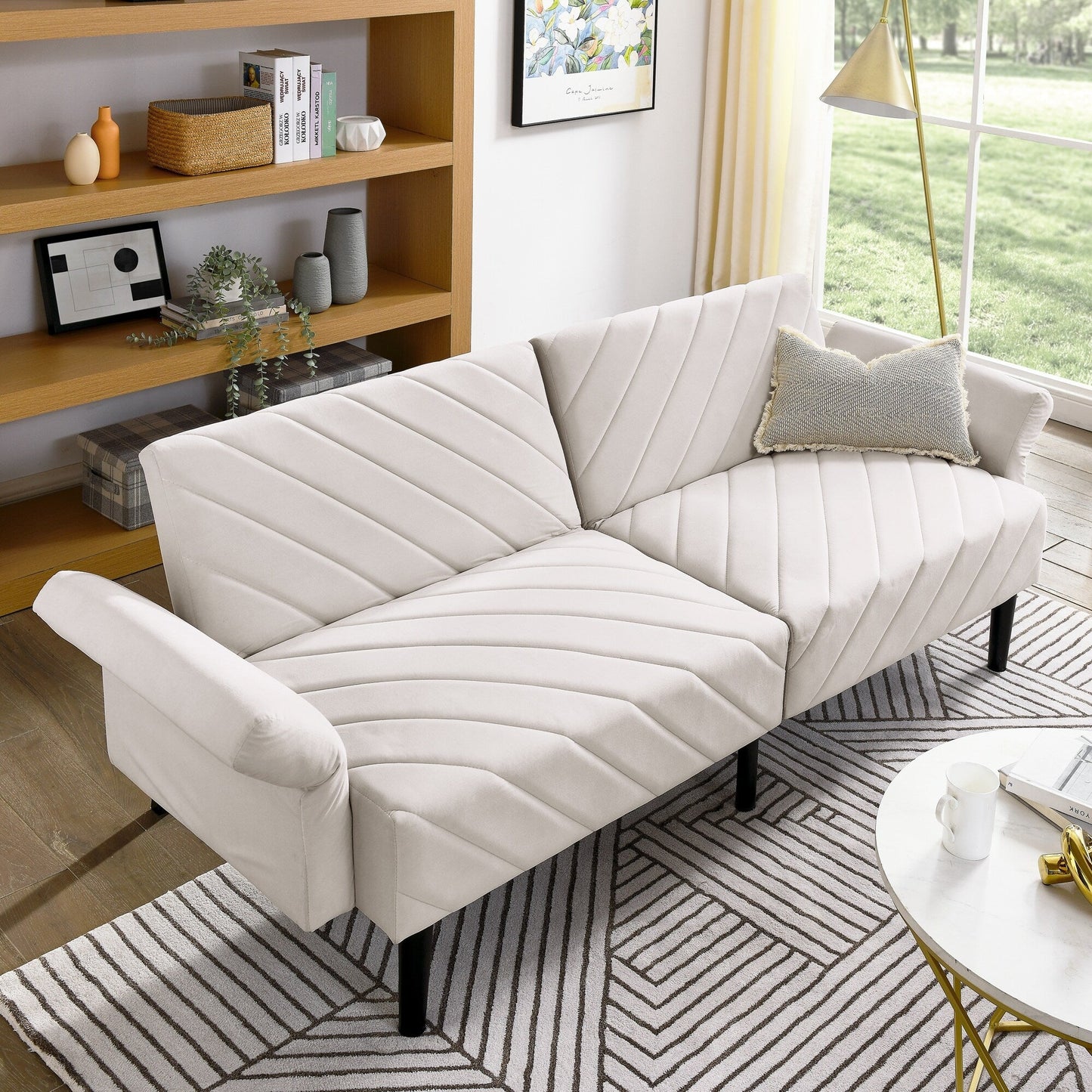 Divano letto futon trasformabile in velluto beige 87 con braccioli regolabili per soggiorno