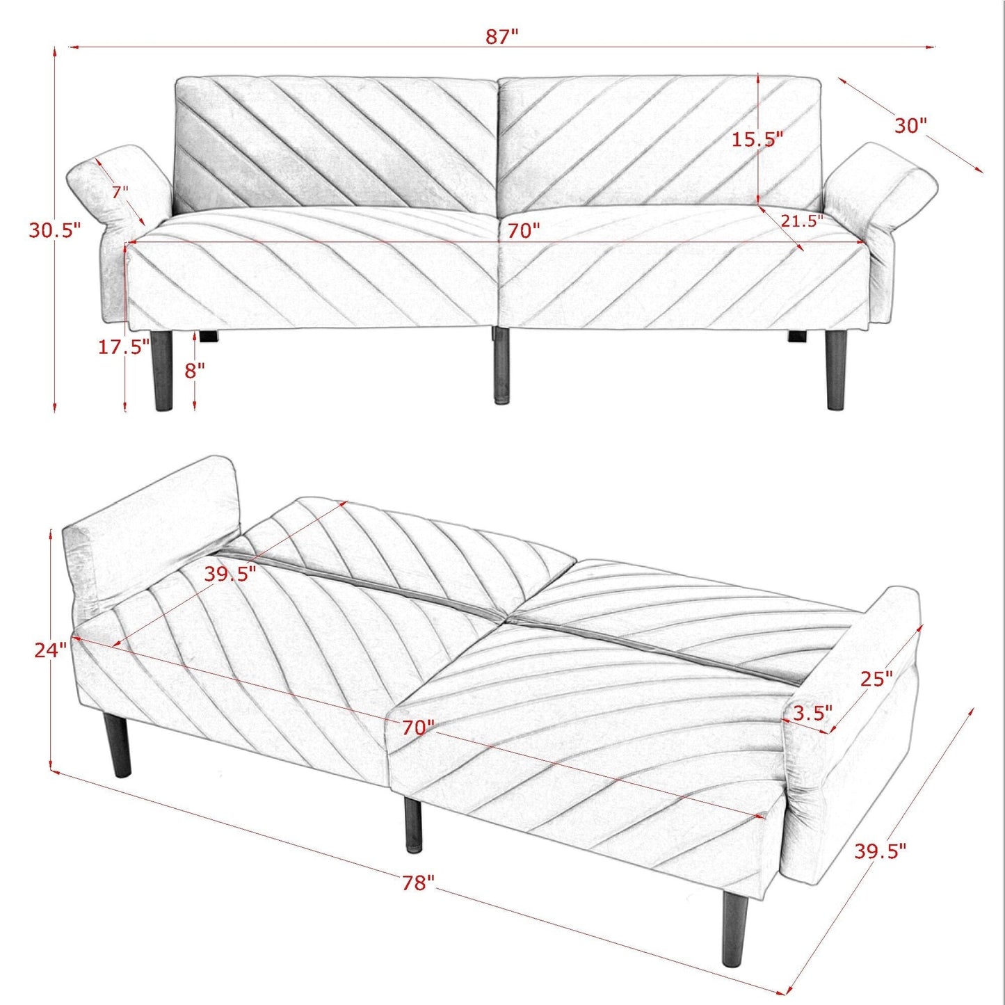 Divano letto futon trasformabile in velluto beige 87 con braccioli regolabili per soggiorno