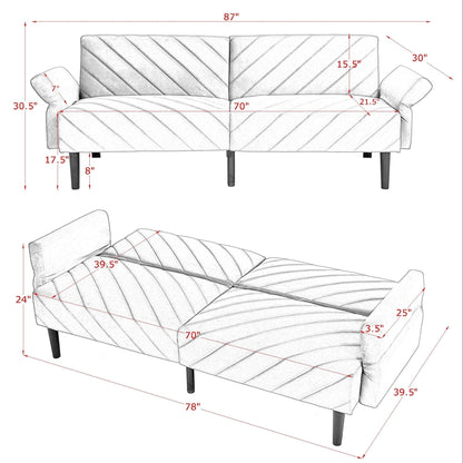 Divano letto futon trasformabile in velluto beige 87 con braccioli regolabili per soggiorno