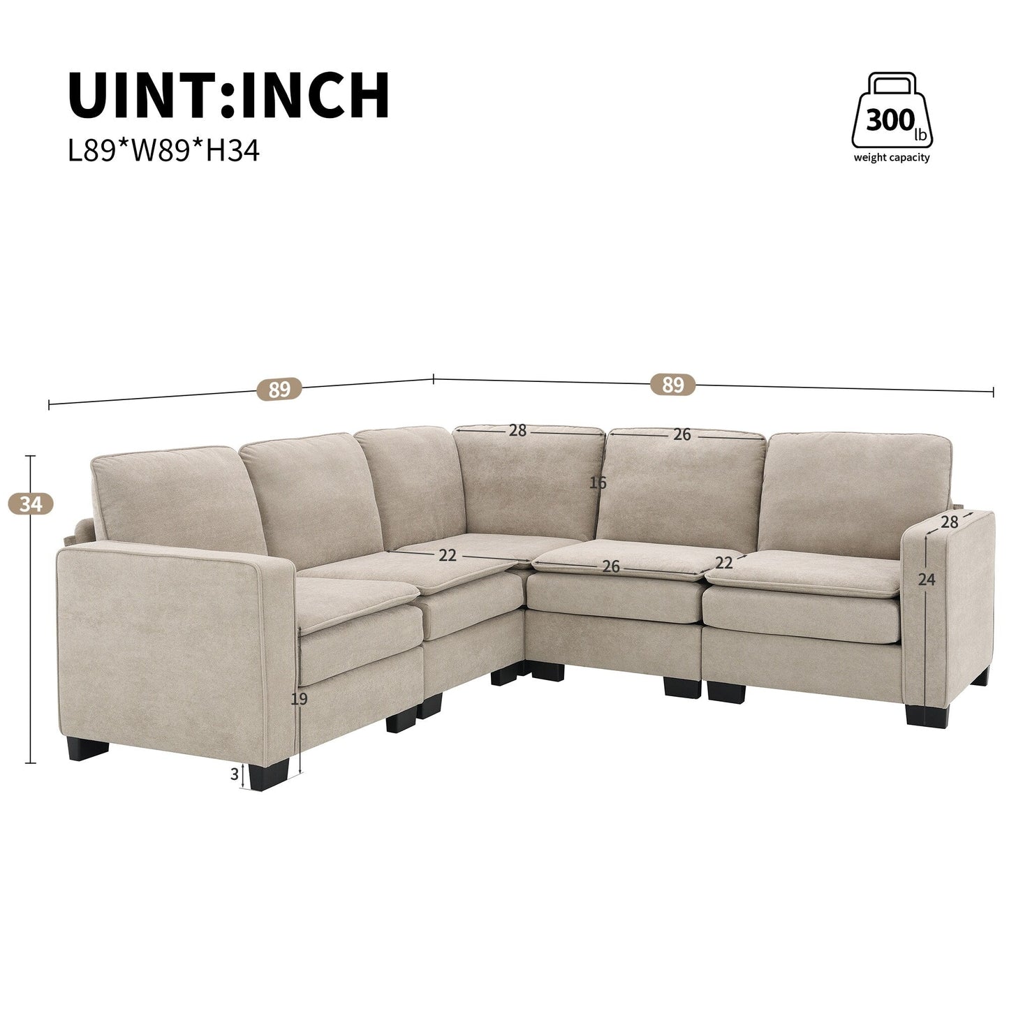 Divano componibile a L in velluto beige 89 a 5 posti con doppi cuscini, struttura in legno robusto e ferro