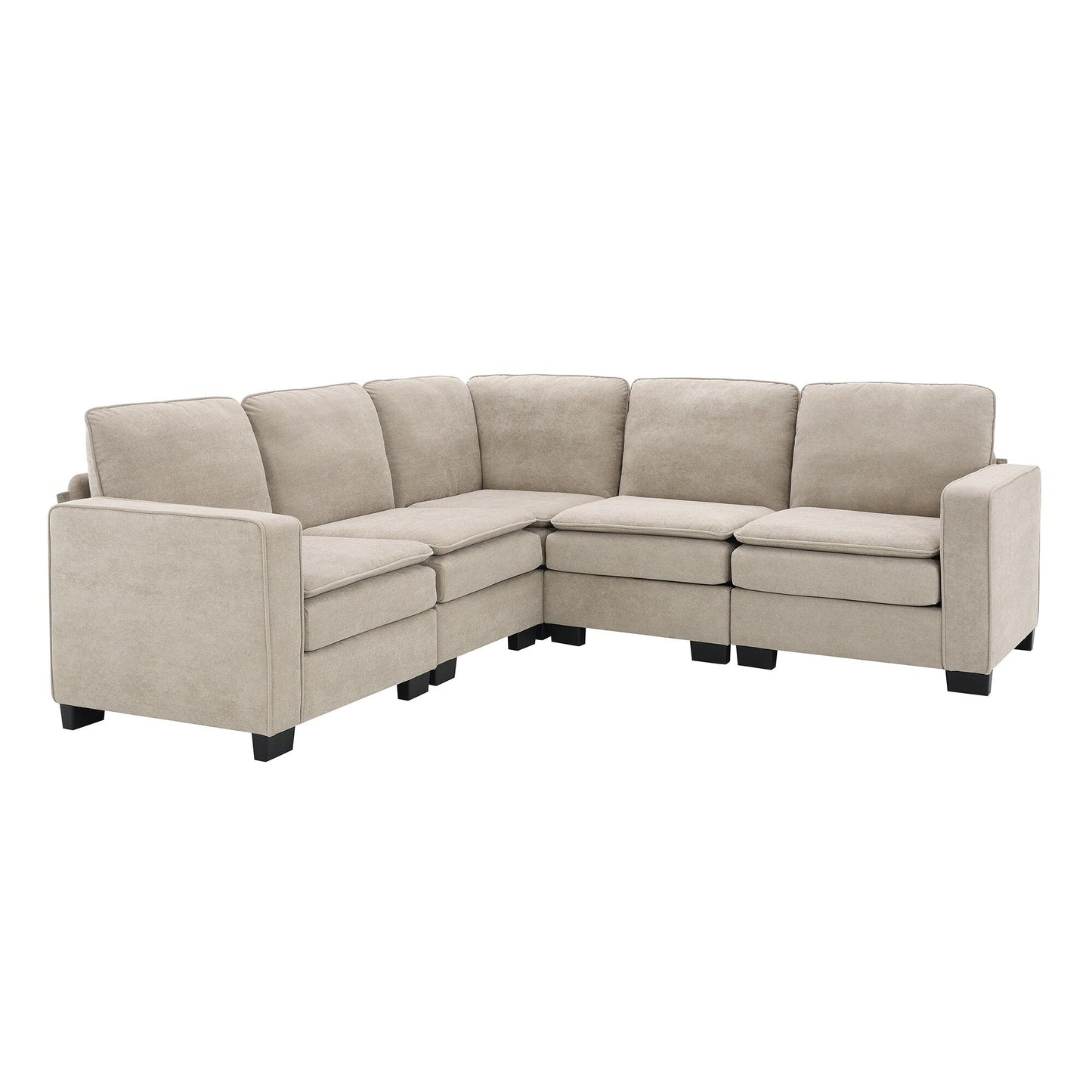 Divano componibile a L in velluto beige 89 a 5 posti con doppi cuscini, struttura in legno robusto e ferro