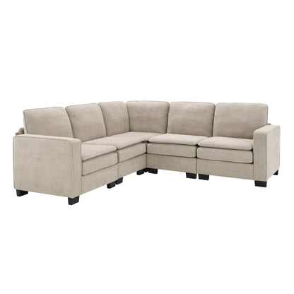 Divano componibile a L in velluto beige 89 a 5 posti con doppi cuscini, struttura in legno robusto e ferro
