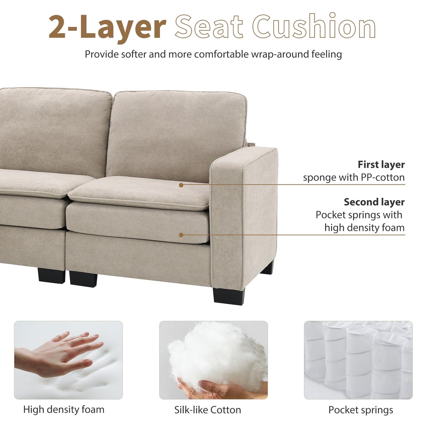 Divano componibile a L in velluto beige 89 a 5 posti con doppi cuscini, struttura in legno robusto e ferro